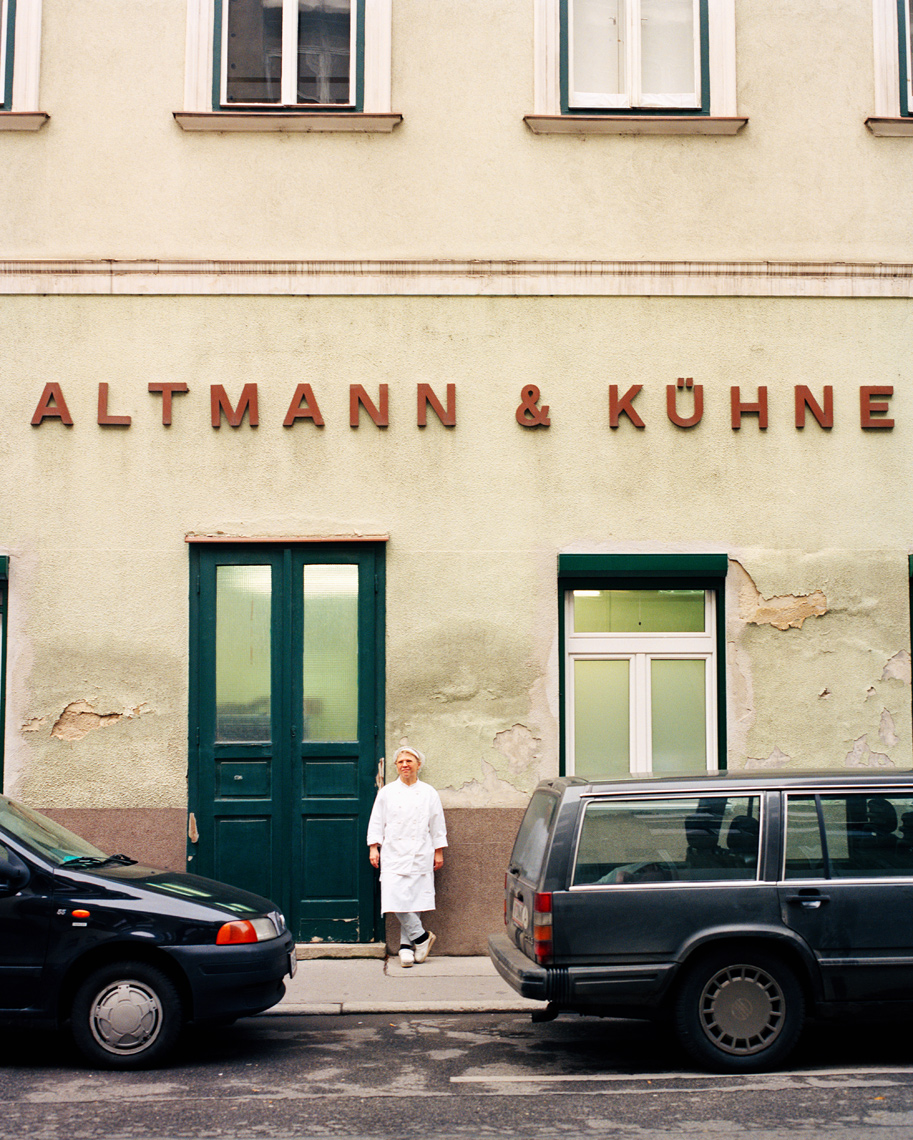 AUSTRIA, Vienna, a chocolatier standing outside the Altmann & Kuhne chocolate shop factory