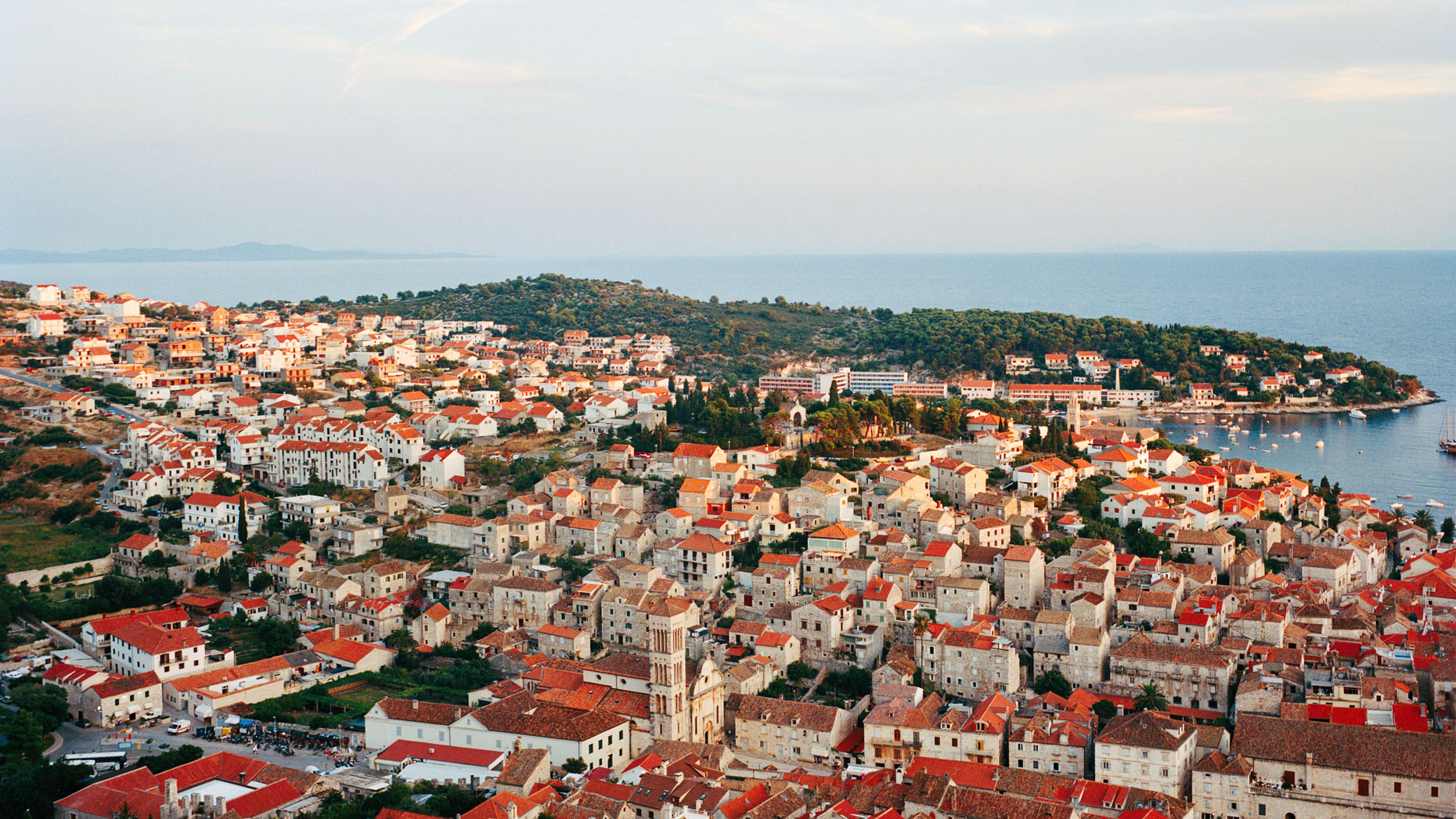 CROATIA, Hvar, Dalmatian Coast, high angle view of the town of Hvar.
