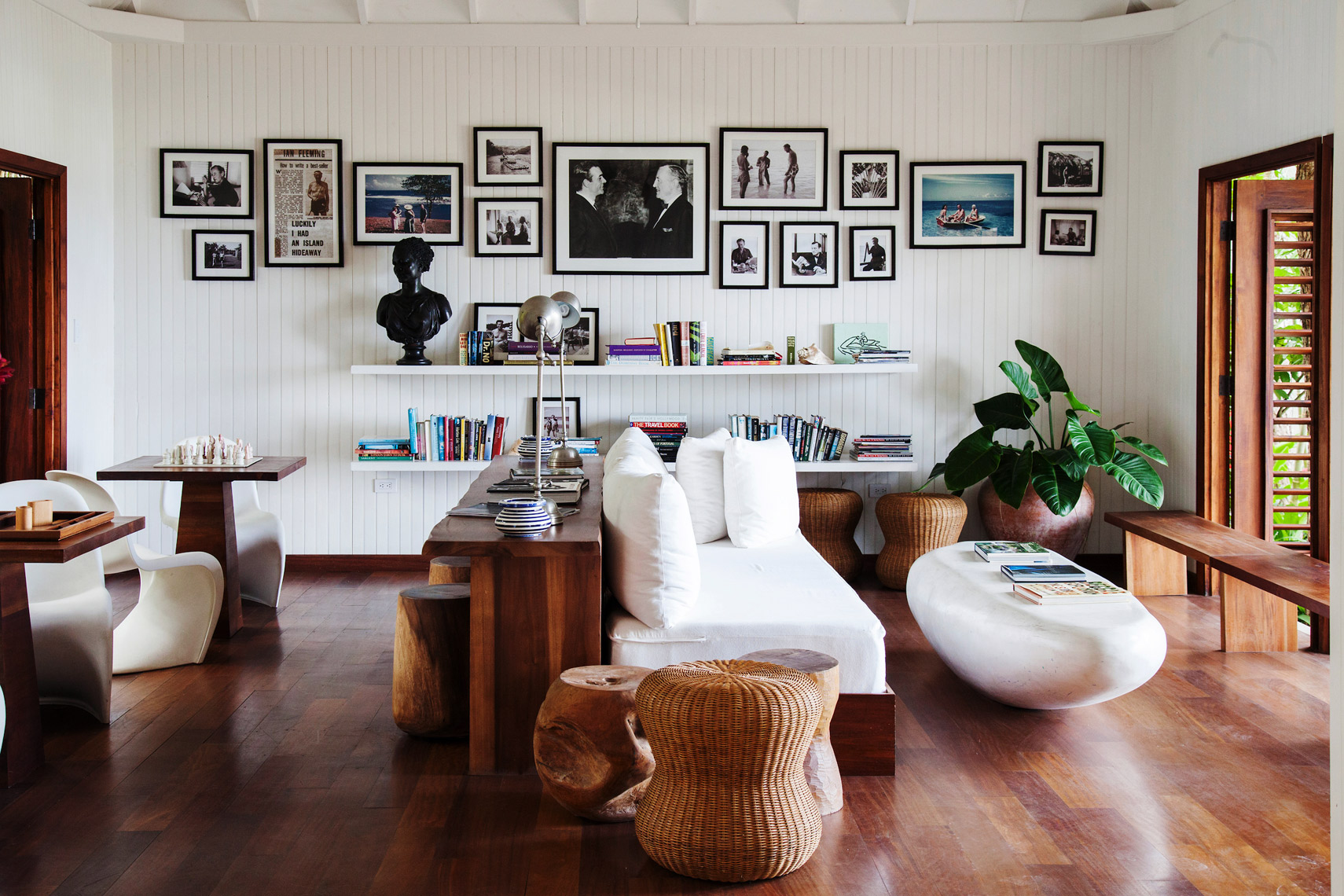 JAMAICA, Oracabessa. The lobby with photos of Ian Fleming and James Bond at the Goldeneye Hotel and Resort.